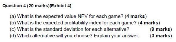 Question 4 (20 marks)[Exhibit 4] (a) What is the expected value NPV for each game? (4 marks) (b) What is the