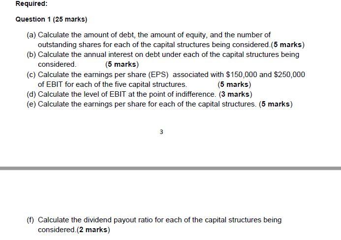Required: Question 1 (25 marks) (a) Calculate the amount of debt, the amount of equity, and the number of outstanding shares