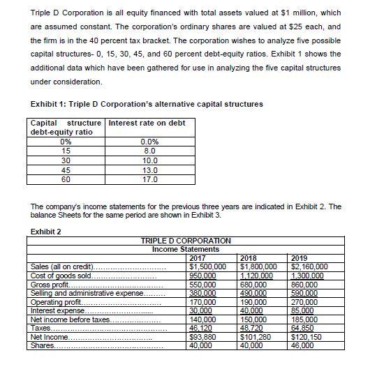 Triple D Corporation is all equity financed with total assets valued at $1 million, which are assumed constant. The corporati