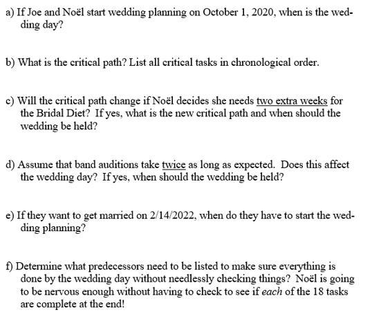 a) If Joe and Nol start wedding planning on October 1, 2020, when is the wed- ding day? b) What is the