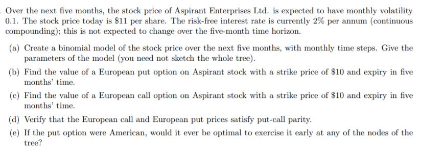 Over the next five months, the stock price of Aspirant Enterprises Ltd. is expected to have monthly volatility 0.1. The stock