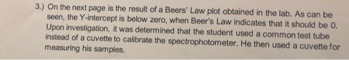 3.) On the next page is the result of a Beers Law plot obtained in the lab. As can be seen, the Y-intercept is below zero, w