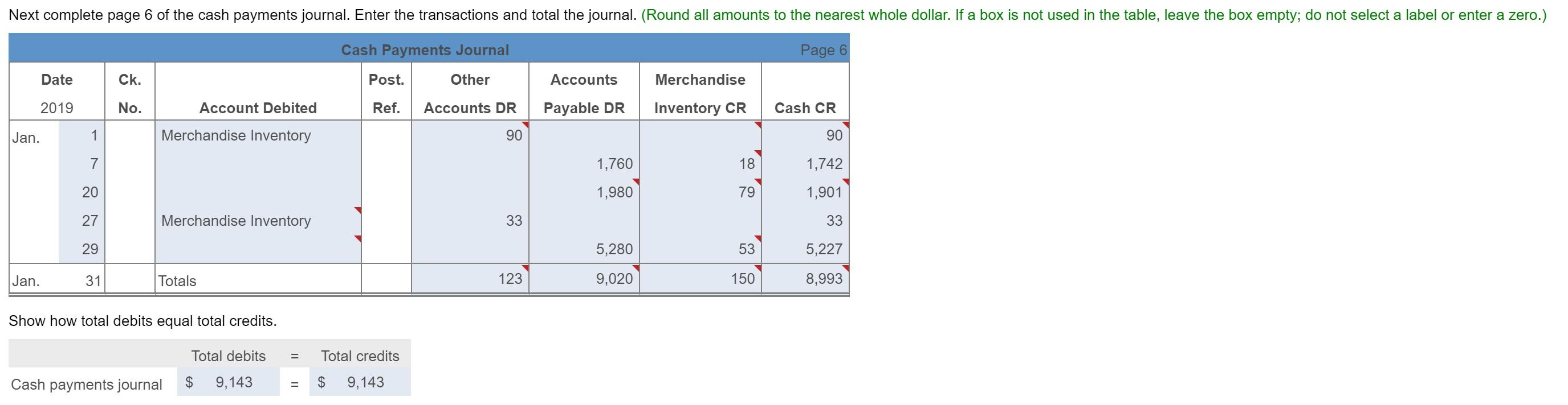 Next complete page 6 of the cash payments journal. Enter the transactions and total the journal. (Round all amounts to the ne