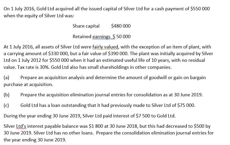 On 1 July 2016, Gold Ltd acquired all the issued capital of Silver Ltd for a cash payment of $550 000 when the equity of Silv