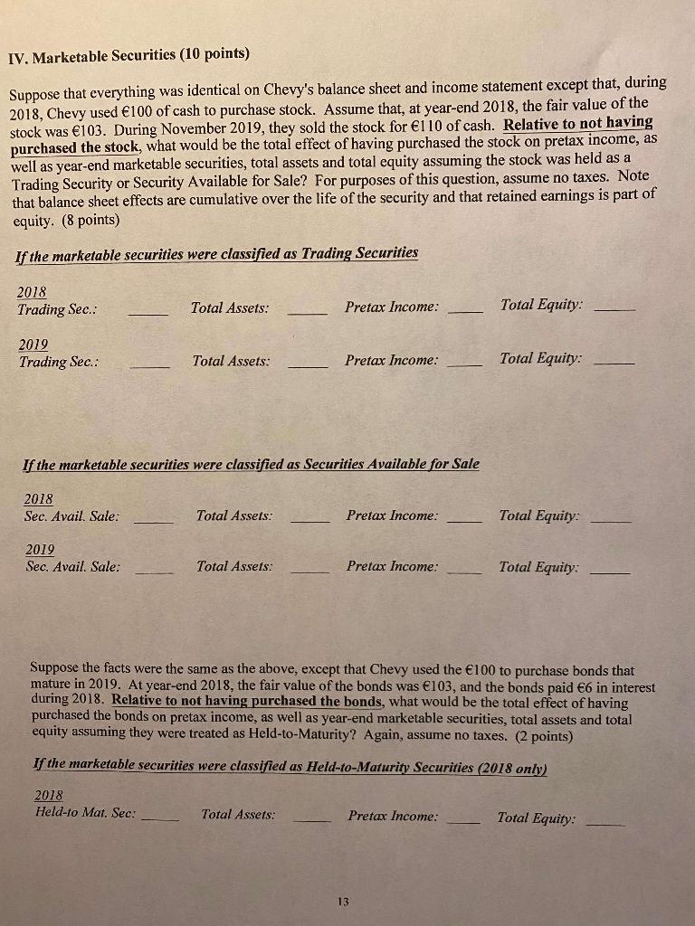 IV. Marketable Securities (10 points) Suppose that everything was identical on Chevys balance sheet and income statement exc