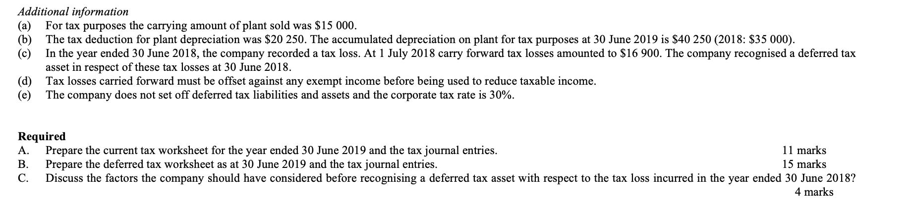 Additional information (a) For tax purposes the carrying amount of plant sold was $15 000. (b) The tax deduction for plant de