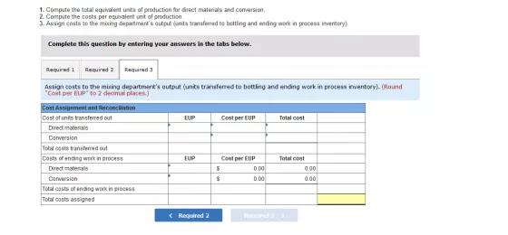 1. Compute the total equivalent units of production for direct materials and conversion. 2. Compute the costs per equivalent