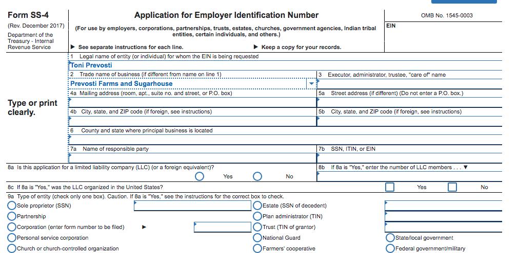 Form SS-4 (Rev. December 2017) Department of the Treasury - Internal Revenue Service Application for Employer Identification