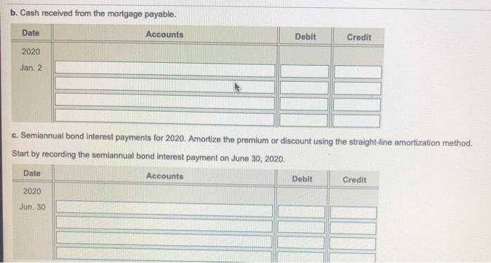 b. Cash received from the mortgage payable. Date Accounts Debit Credit 2020 Jan. 2 c. Semiannual bond interest payments for 2