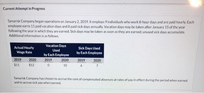 Current Attempt in Progress Tamarisk Company began operations on January 2, 2019. It employs 9 individuals who work 8-hour da