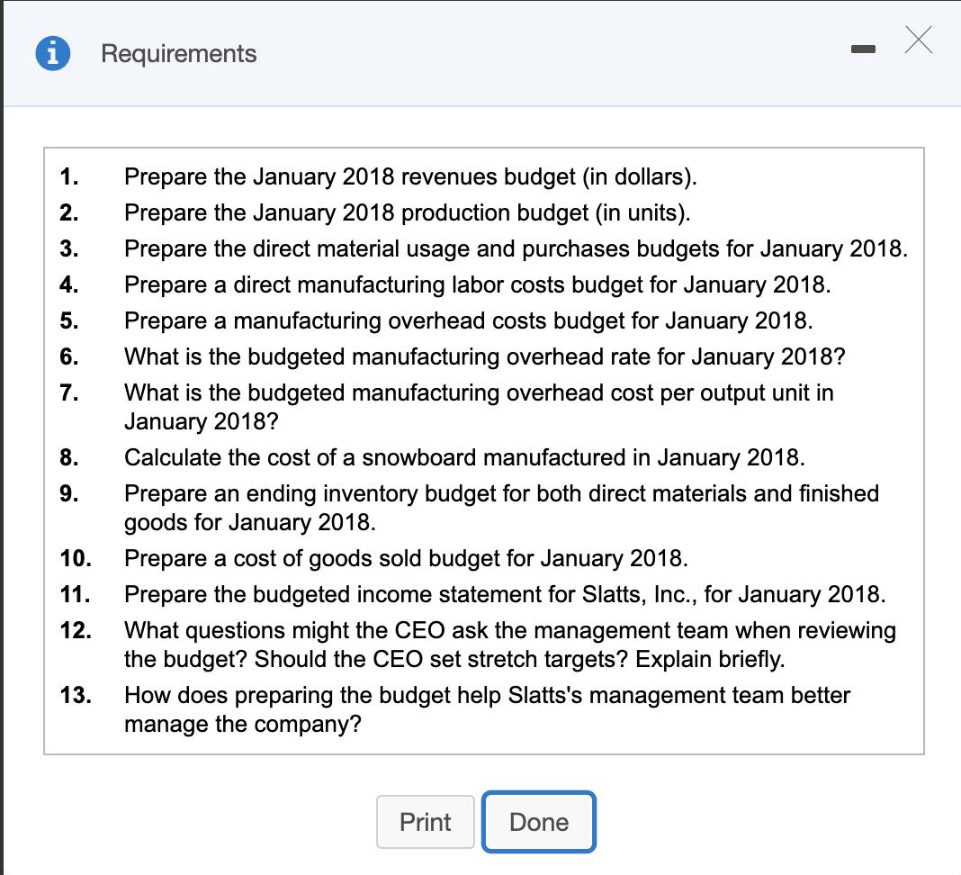 X Х i - Requirements 1. 2. 3. 4. 5. 6. 7. 8. Prepare the January 2018 revenues budget (in dollars). Prepare the January 2018