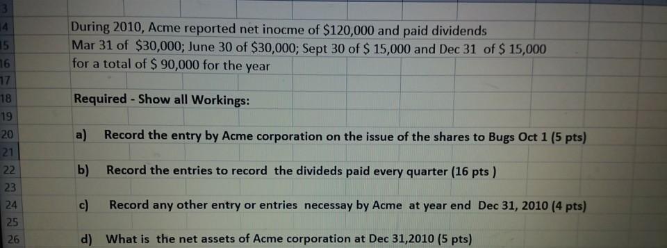 During 2010, Acme reported net inocme of $120,000 and paid dividends Mar 31 of $30,000; June 30 of $30,000; Sept 30 of $ 15,0