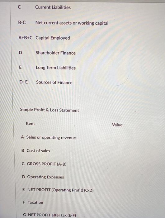 с Current Liabilities B-C Net current assets or working capital A+B+C Capital Employed D Shareholder Finance E Long Term Liab