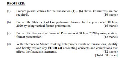 REQUIRED: (a) (b) (c) Prepare journal entries for the transaction (1) -(6) above. (Narratives are not required). (10 marks) P
