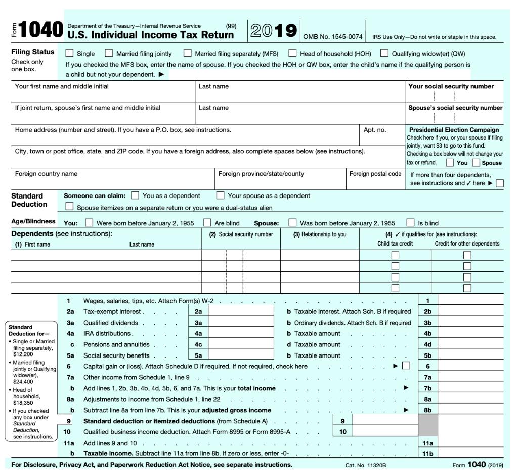 Department of the Treasury-Internal Revenue Service (99) U.S. Individual Income Tax Return 2019 OMB No. 1545-0074 IRS Use Onl