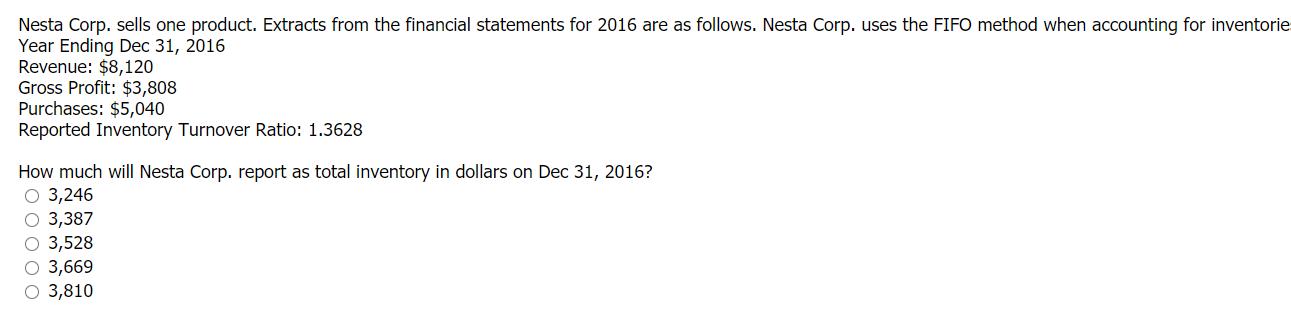 Nesta Corp. sells one product. Extracts from the financial statements for 2016 are as follows. Nesta Corp. uses the FIFO meth