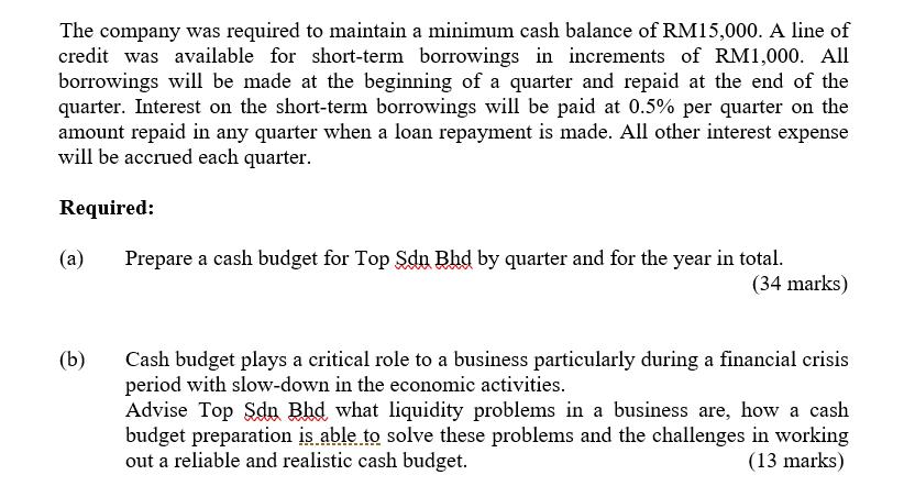 The company was required to maintain a minimum cash balance of RM15,000. A line of credit was available for short-term borrow