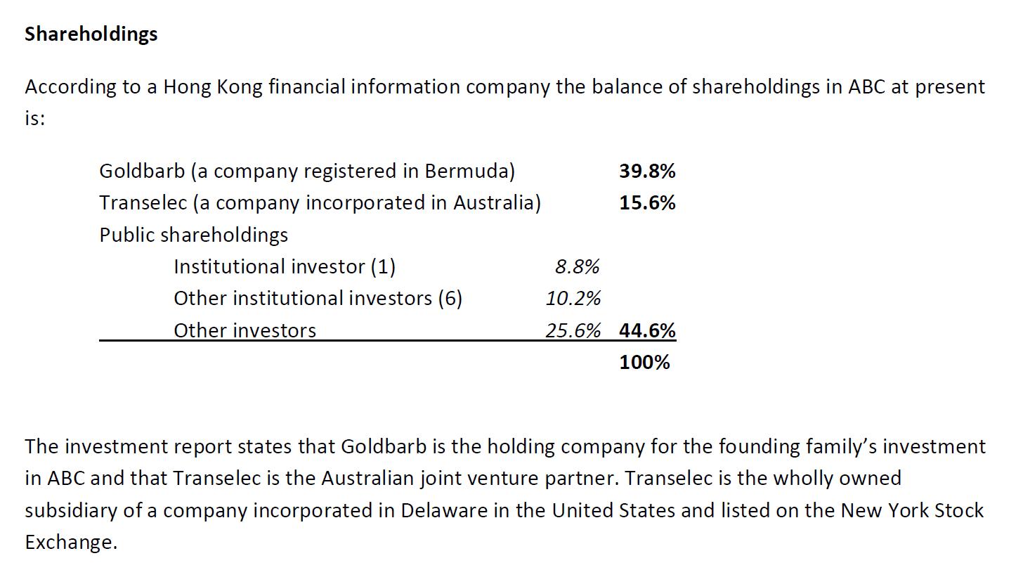 Shareholdings According to a Hong Kong financial information company the balance of shareholdings in ABC at present is: Goldb