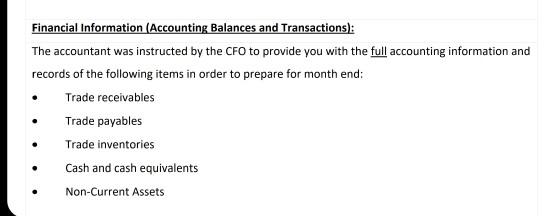 Financial Information (Accounting Balances and Transactions): The accountant was instructed by the CFO to provide you with th