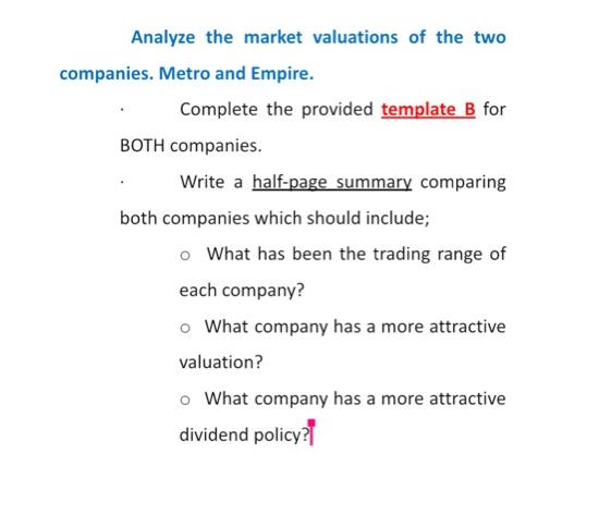 Analyze the market valuations of the two companies. Metro and Empire. Complete the provided template B for