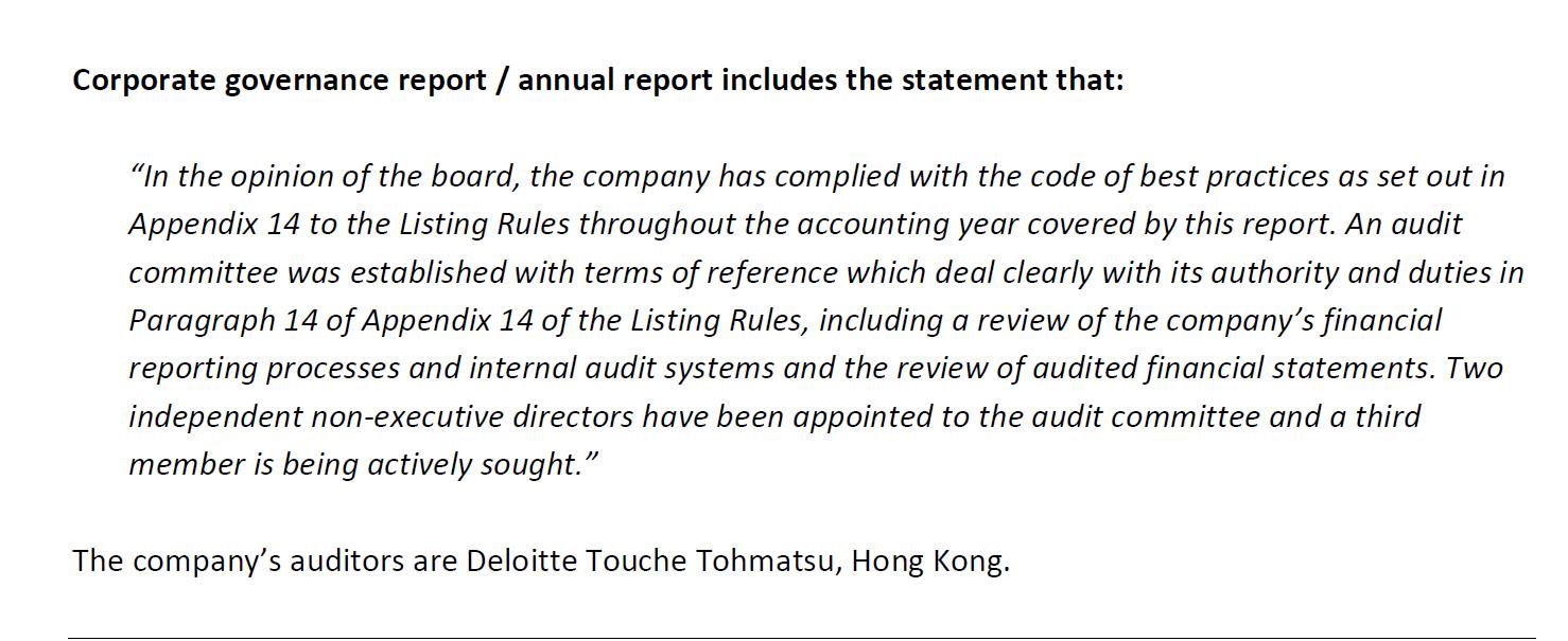 Corporate governance report / annual report includes the statement that: “In the opinion of the board, the company has compli