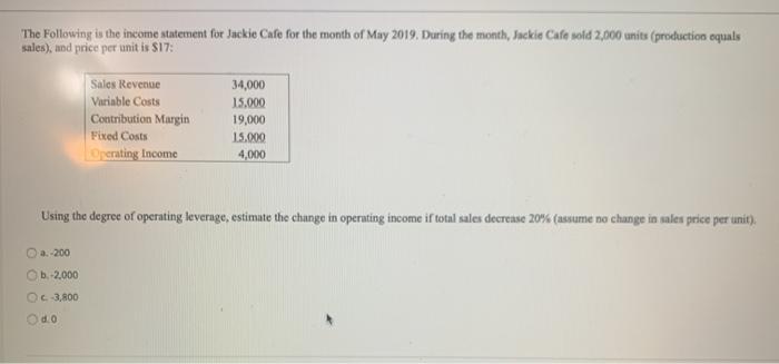 The Following is the income statement for Jackie Cafe for the month of May 2019. During the month, Jackie Cafe sold 2,000 uni