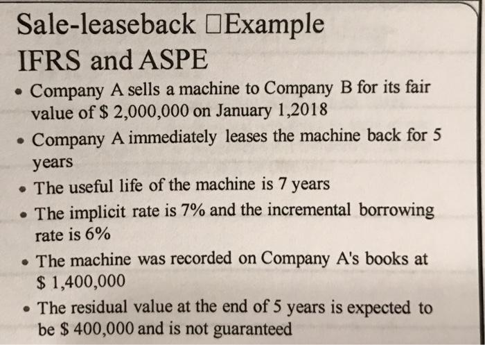 Sale-leaseback □Example IFRS and ASPE . Company A sells a machine to Company B for its fair value of $ 2,000,000 on January 1,2018 . Company A immediately leases the machine back for 5 years . The useful life of the machine is 7 years . The implicit rate is 7% and the incremental borrowing rate is 6% The machine was recorded on Company As books at $ 1,400,000 . The residual value at the end of 5 years is expected to be $ 400,000 and is not guaranteed