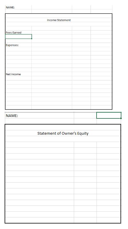 NAME: Income Statement Fees Earned Expenses: Net Income NAME: Statement of Owners Equity