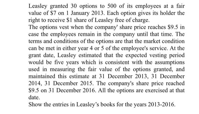 Leasley granted 30 options to 500 of its employees at a fair value of $7 on 1 January 2013. Each option gives its holder the