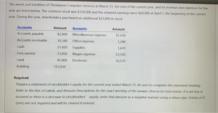 The assets and liabilities of Thompson Computer Services at March 31, the end of the current year, and its revenue and expens