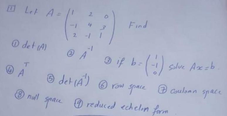 DLet A= 2. Find 1- 2. O det (A) -/- 9 if