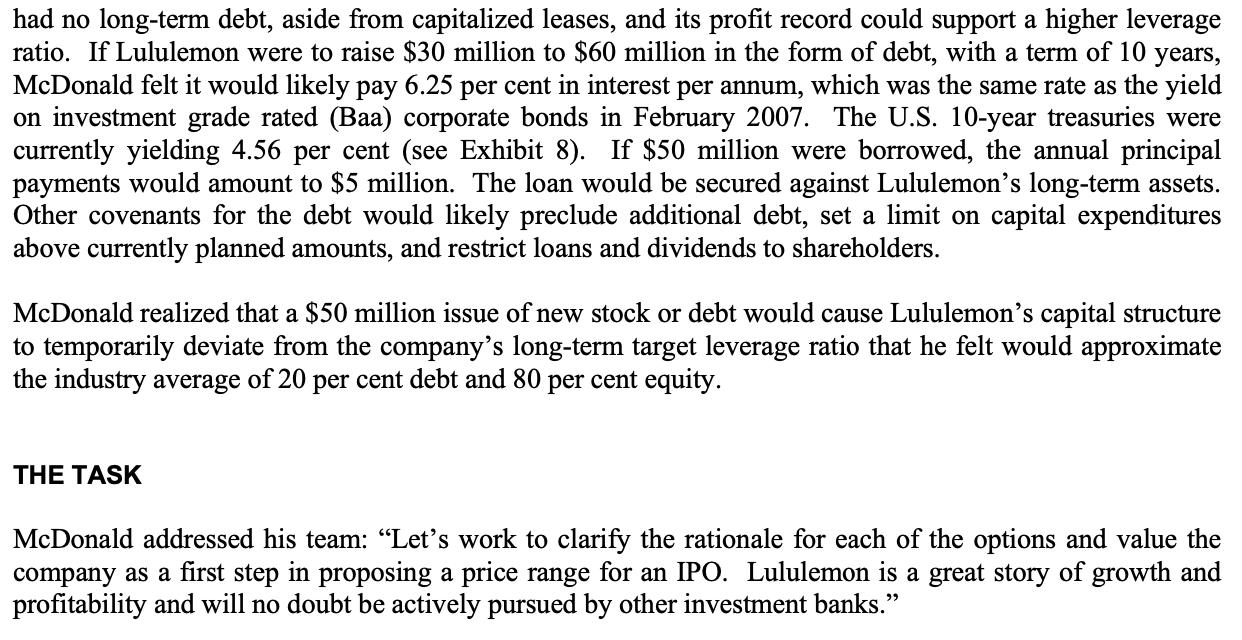 had no long-term debt, aside from capitalized leases, and its profit record could support a higher leverage ratio. If Lululem