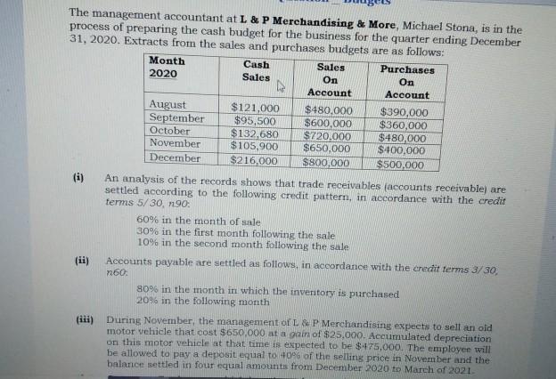 The management accountant at L&P Merchandising & More, Michael Stona, is in the process of preparing the cash budget for the