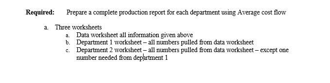 Required: Prepare a complete production report for each department using Average cost flow a. Three worksheets a. Data worksh