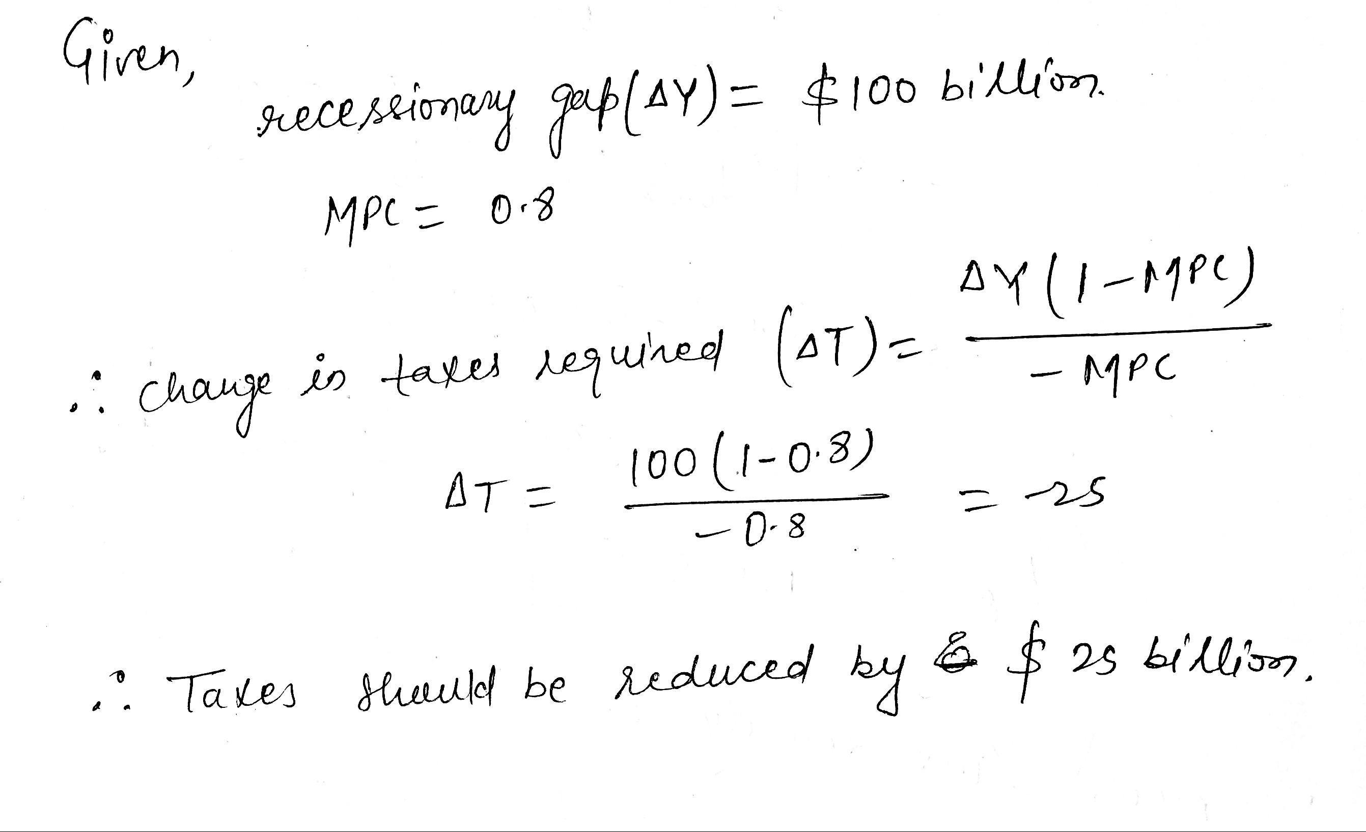 Giren receseionery gup(AY)= $100 billion. MPC =0.8 .: change in tasei squined
