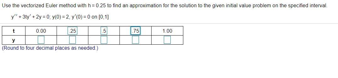 Use the vectorized Euler method with h = 0.25 to find an