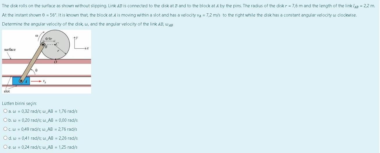 The disk rolls on the surface as shown without slipping. Link AB