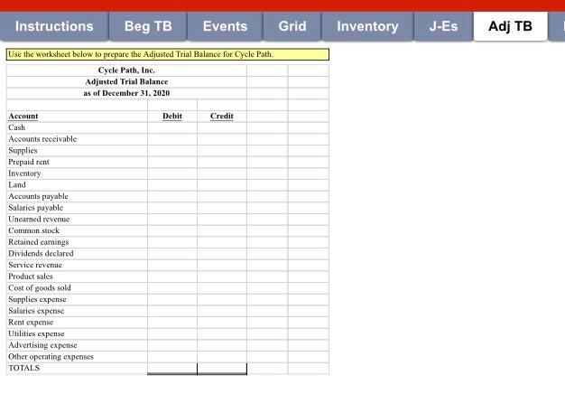 Instructions Beg TB Events Grid Inventory J-Es Adj TB Use the worksheet below to prepare the Adjusted Trial Balance for Cycle