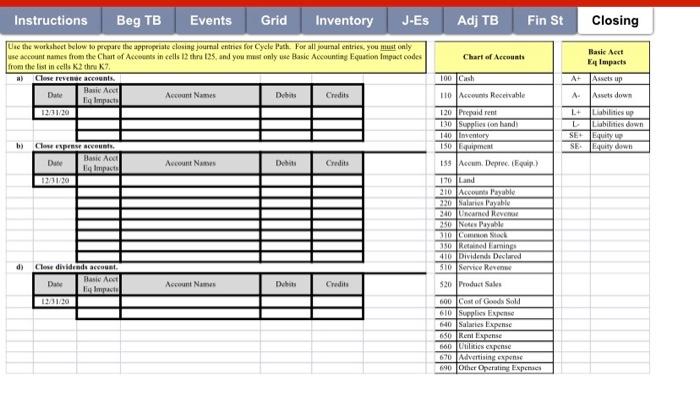 Instructions Beg TB Events Grid Inventory J-Es Adj TB Fin St Closing Chart of Accounts Use the worksheet below to prepare the