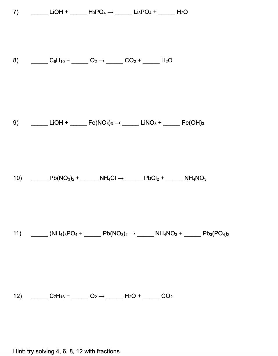 H2O H3ASO4 3) NH3 + O2 NO + H20 4) C3H6 +