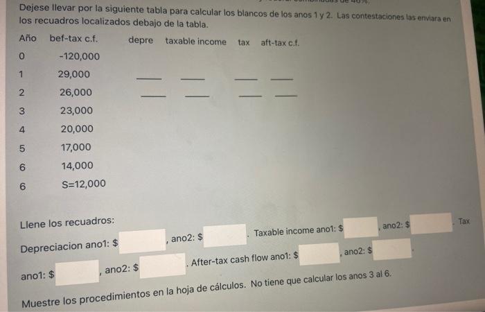 Dejese llevar por la siguiente tabla para calcular los blancos de los anos 1 y 2. Las contestaciones las enviara en los recua