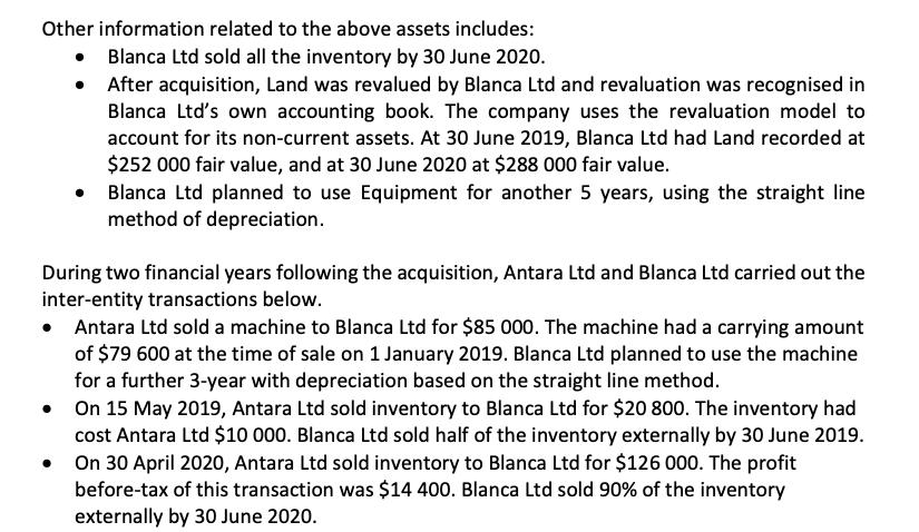 Other information related to the above assets includes: • Blanca Ltd sold all the inventory by 30 June 2020. • After acquisit