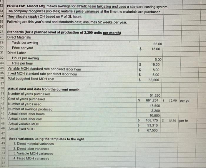 32 22 PROBLEM: Mascot Mfg. makes awnings for athletic team tailgating and uses a standard costing system. 23 The company reco
