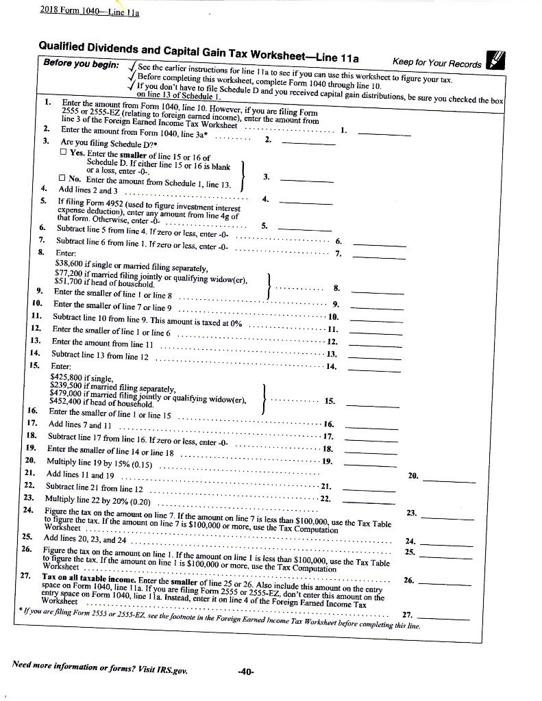 2018 Form 1040—Line la - Qualified Dividends and Capital Gain Tax Worksheet-Line 11a Keep for Your Records Before you begin: