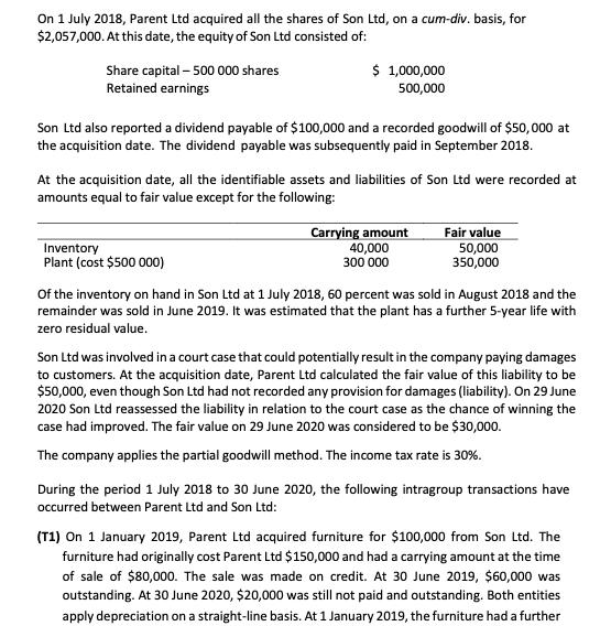 On 1 July 2018, Parent Ltd acquired all the shares of Son Ltd, on a cum-div. basis, for $2,057,000. At this date, the equity