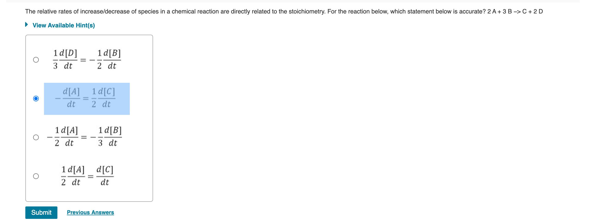 The relative rates of increase/decrease of species in a chemical reaction are