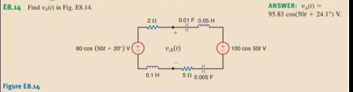 ANSWER: v,) = 95.83 cos(50r + 24.1) V. E8.14 Find v,() in