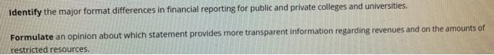Identify the major format differences in financial reporting for public and private