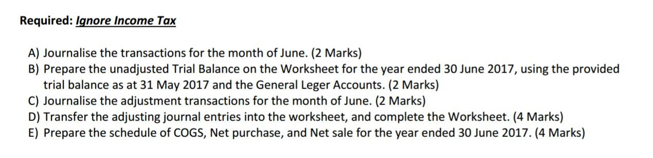 Required: Ignore Income Tax A) Journalise the transactions for the month of June. (2 Marks) B) Prepare the unadjusted Trial B