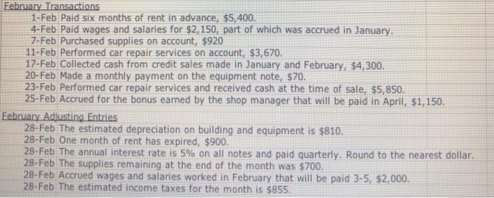 February Transactions 1-Feb Paid six months of rent in advance, $5,400. 4-Feb Paid wages and salaries for $2,150, part of whi